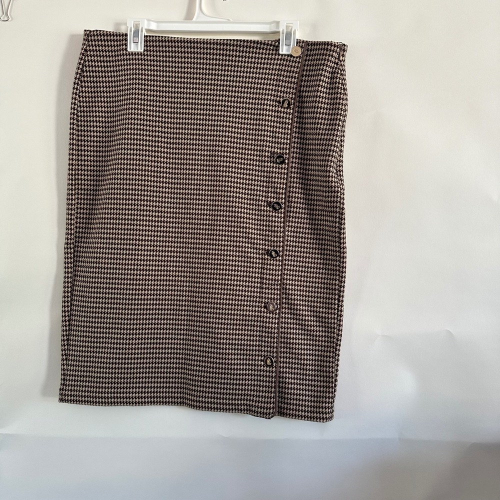 Lauren Ralph Lauren Womens XL Houndstooth Pencil Skirt Brown Gold Button Detail